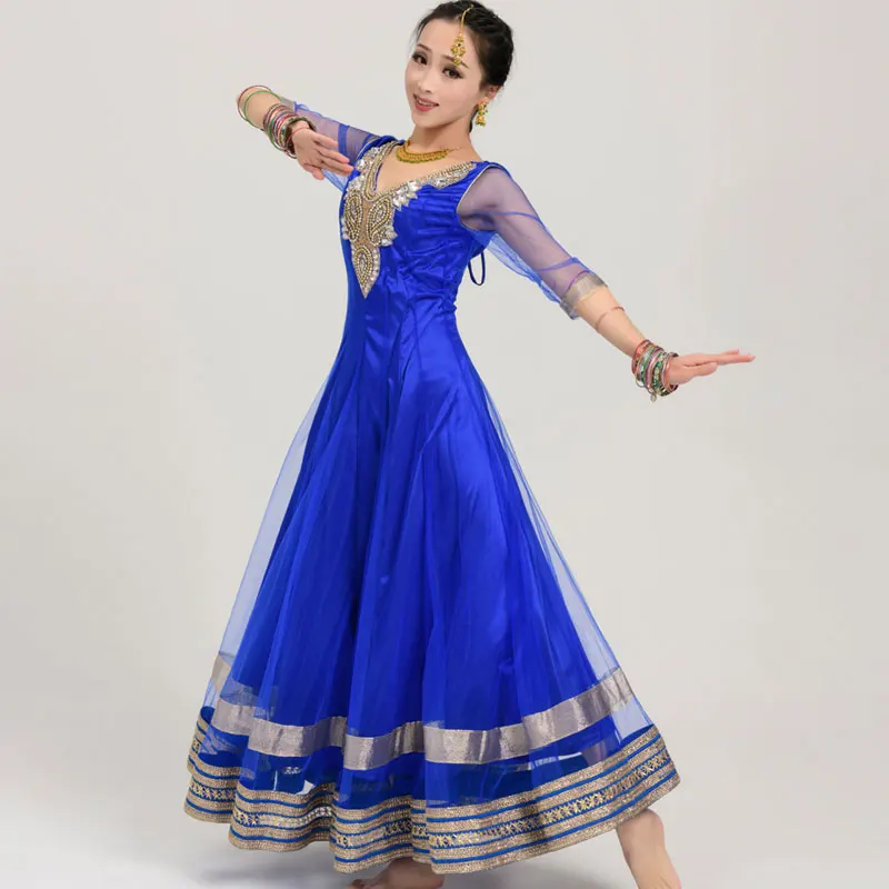

Indian Dance Costumes Long Sleeve Sequin Mesh Gauze Saree Suit Bollywood Dance Clothing Oriental Dance Dress For Women DQL6053