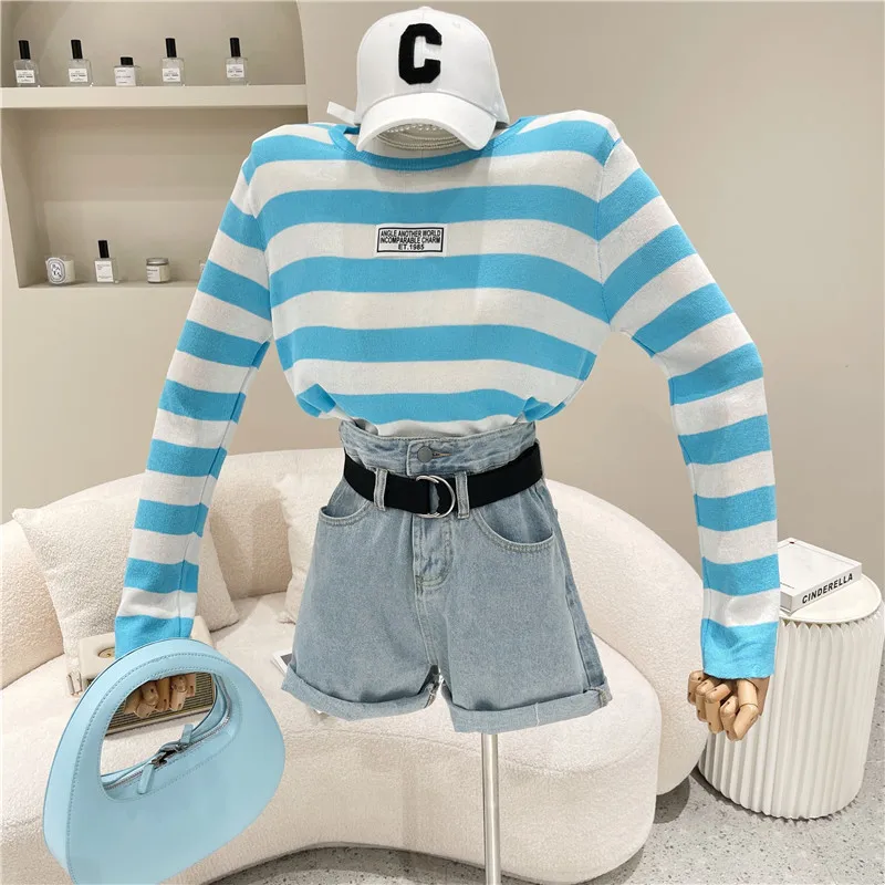 

Slimming Loose Korean Style Knitted Sweater Round Neck Striped Knitwear 2021 Summer New Lazy Short Pullover Sweater for Women