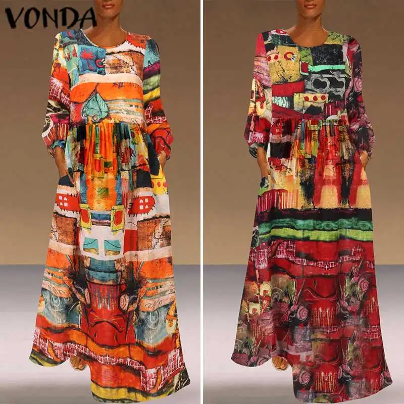 VONDA 2019 летнее платье макси с принтом женский сарафан винтажный стиль круглый