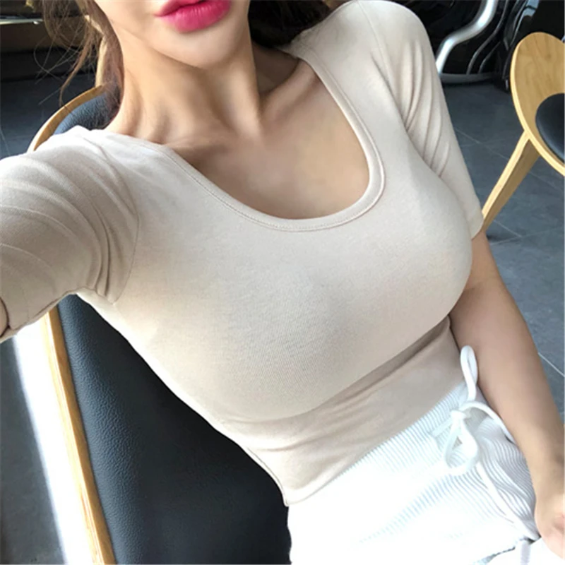 Женская эластичная футболка облегающий топ с коротким рукавом Лето Женский в