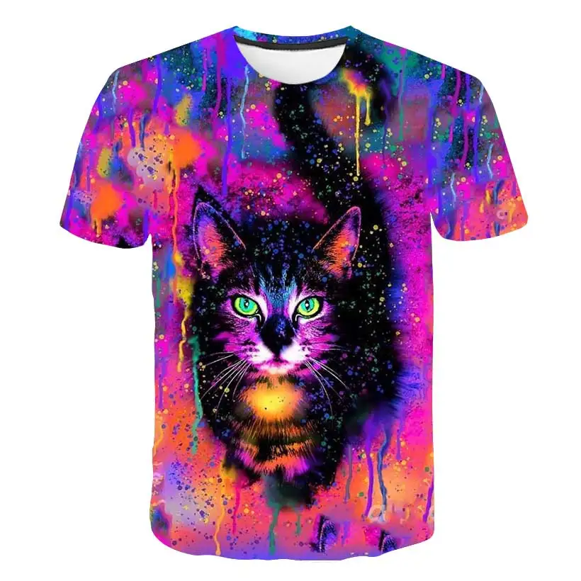 

Футболка с мультяшным принтом для мальчиков и девочек, летние топы с коротким рукавом и изображением кота, детская одежда для бега