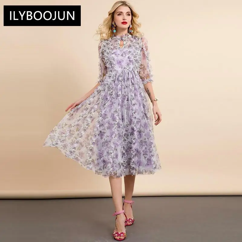

2021 Fashion Runway Summer Long Mesh Dress Women's Half sleeve Purple Flower print Elegant Holiday Party Dress