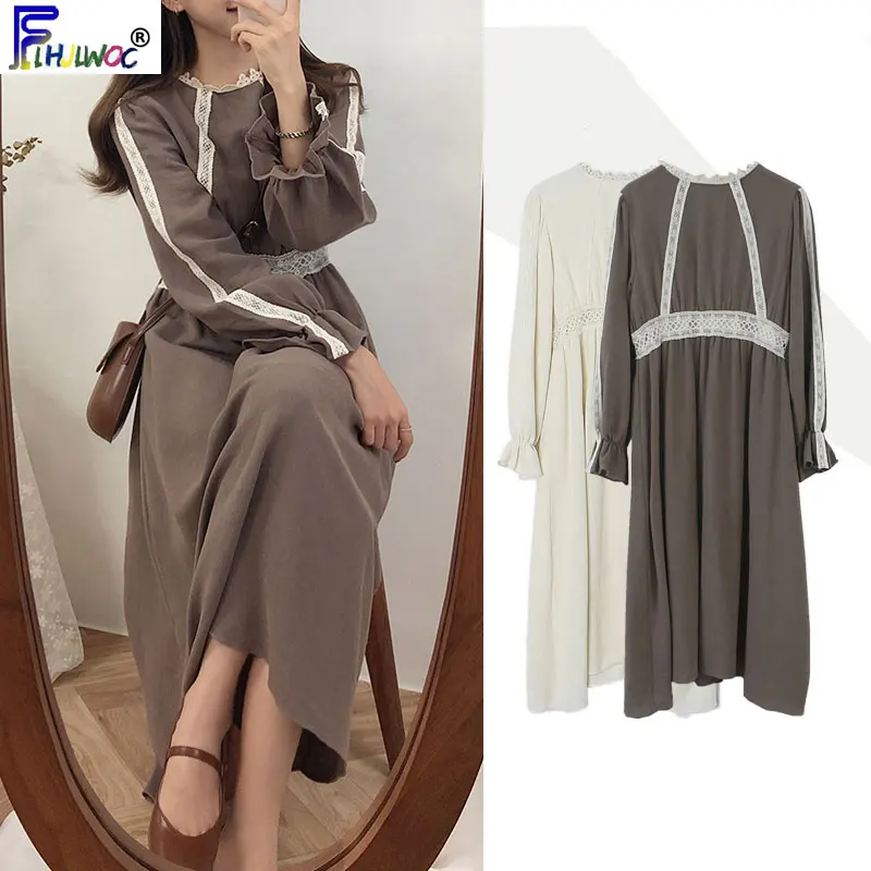 Винтажные Хлопковые женские платья модная осенне зимняя базовая одежда