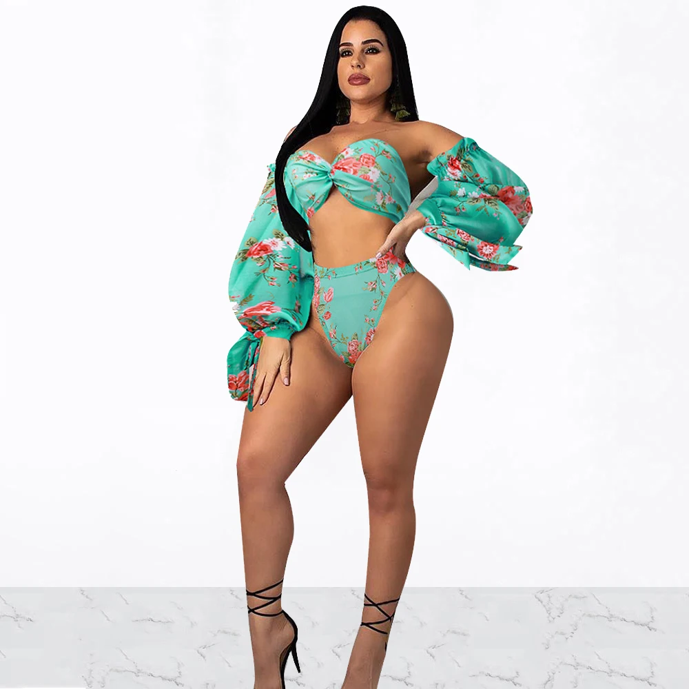 Женские летние комплекты из трех предметов комплект бикини с цветочным принтом