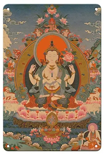 

Avalokiteshvara, Chaturbhuja (The All Seeing Lord with Four Hands) - Tibetan Thangka Buddhist Painting c.1800s Metal Tin Sign