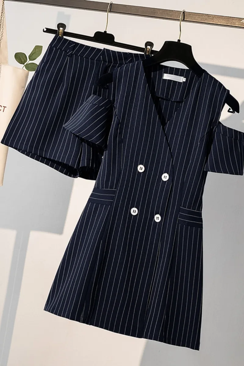 

Womens Plus Size L-3XL Sexy Office Set Suit Stripe V-Neck Clothes XXL XXXL Top+Shorts Lady Work 2021 Summer Sets Suits For Woman
