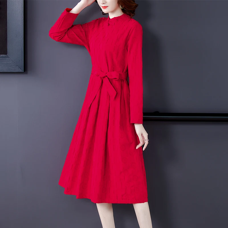 

Women Dress Autumn 2021 Office Lady National Wind Vintage Long Sleeve Cotton Linen Solid Single Button O-Neck Belt Dresses