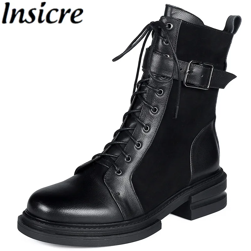 

Insicre 2021 Winter Shoes Low Heels Patchwork Cow Leather Waxing Cross Tied Buckle Round Toe Women Ankle Boots Black Platfrom