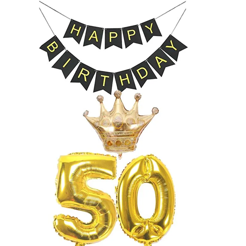 Золотые шарики короны Черный счастливый баннер для детей 10 16 18 20 21 30 40 50 60 70 80 лет