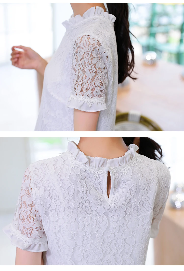 

Vintage Blouse Women Lady Lace White Female Loose Short sleeve Blusas Summer Hollow lace Edible Tree Fungus Women shirt top 233i