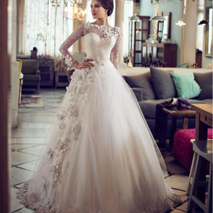 

Rhinestone Applique 3D Flower Wedding Dress Long Sleeves Modest Princess Wedding Gowns Vestidos De Novia