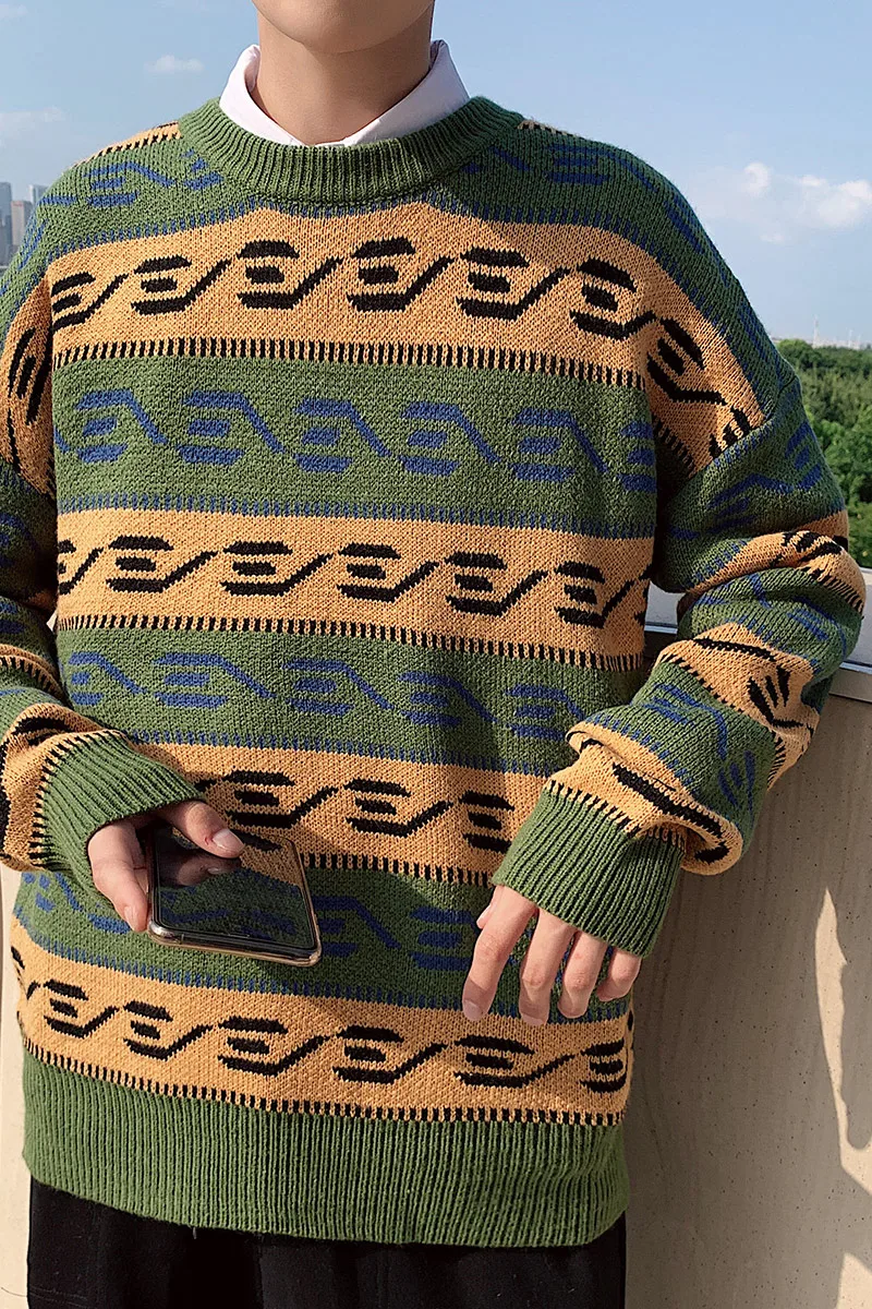 

2021 autumn and winter new men's round neck long-sleeved sweater men's casual loose Korean fashion contrast pullover