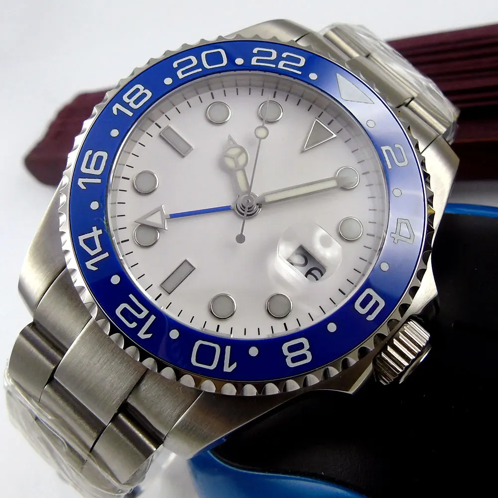 

Мужские часы 40 мм с белым стерильным циферблатом, сапфировым стеклом, светящимся стальным браслетом с датой и автоматическим перемещением GMT