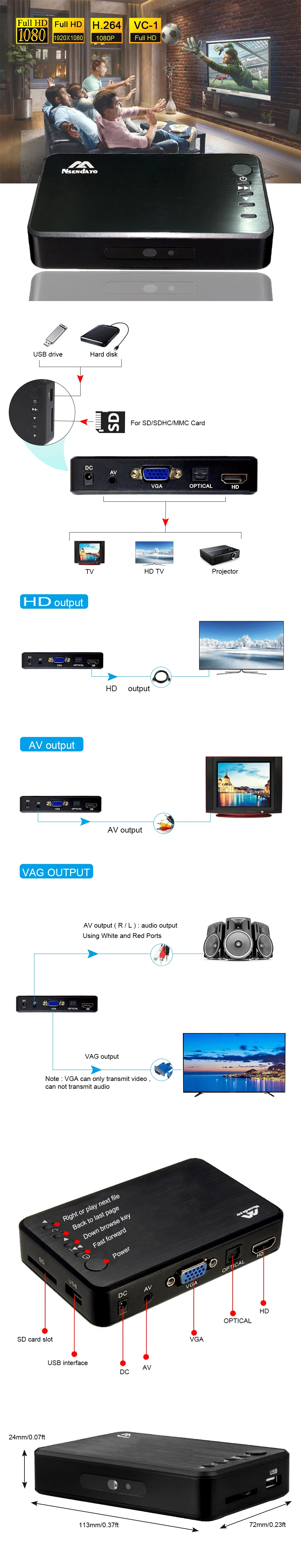 reprodutor de mídia com cabo hd, vga av para sd u disk mkv rmvb