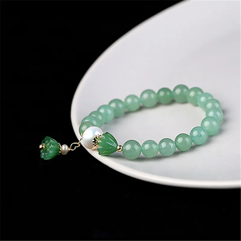 

Natural Green Jade Bracelet Lotus Pendant Freshwater Pearl Stretch Line Beaded Elegant Women Healing Bracelet Luxury Jewelry