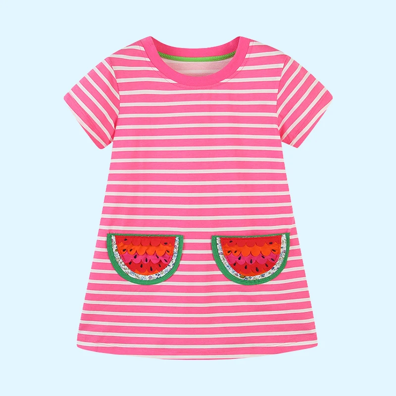

Summer New Products Girls Cartoon Watermelon Applique Striped Dress Knitted Cotton Princess Dress Cartoon Children