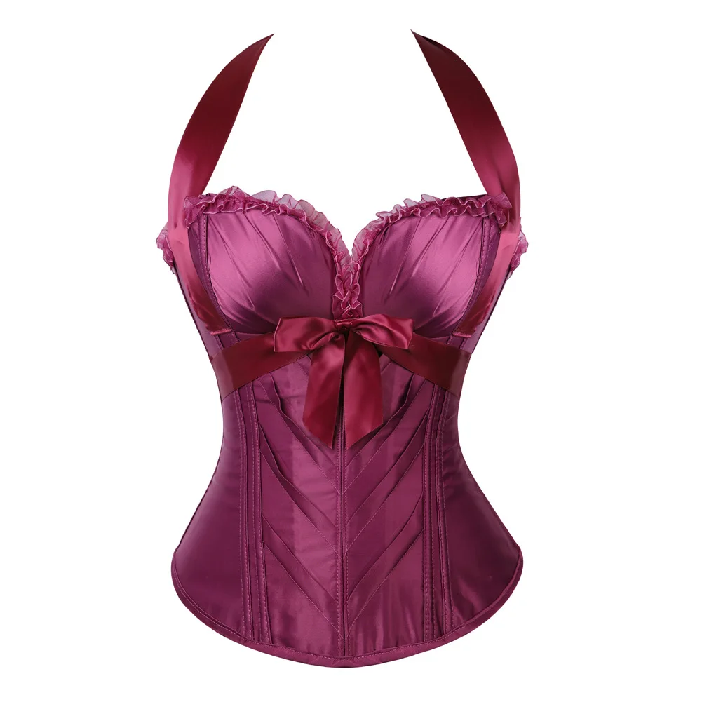 

Sexy Ladies Satin Boned Lace up Corset with Padded Designed Lingerie Zip up Side Overbust Bustiers Party Bowtie Halter Lingerie