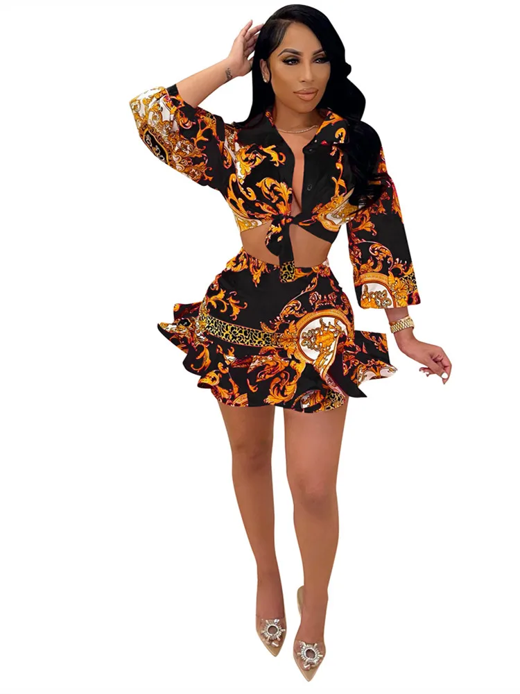 

Fashionable Temperament Casual Slim-fit Shirt Collar Long-sleeved Ruffled Sexy Mini Skirt Suit Suitable for Nightclub Party Wear