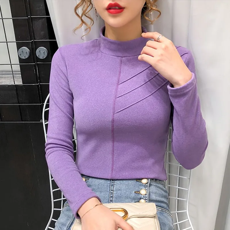 

High Sexy Long Sleeve T Shirt Women's Clothing 2021 Collar Pullovers Korean Fashion Casual Streetwear Fall Clothes for Women