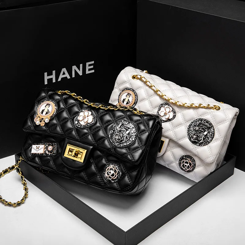 

Luxury Designer Women Chain Shoulder Bags Square Shape Handle Bag High Quality Leather Black White Color Female Crossbody Bag