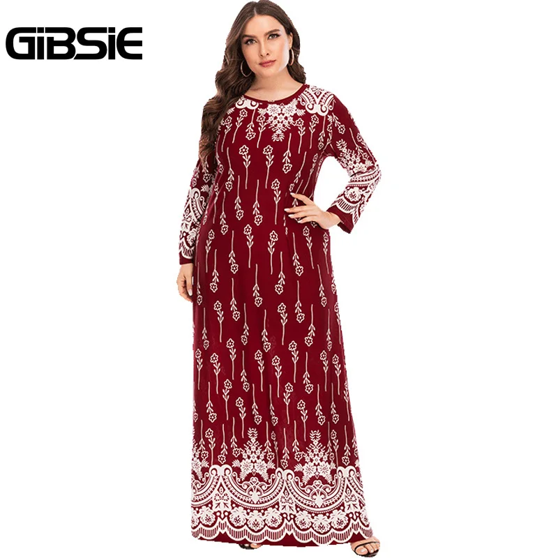 

GIBSIE Autumn Winter Abaya Muslim Dress Plus Size 4xl 5xl 6xl Women Retro Print O-Neck Long Sleeve Maxi Turkish Islamic Clothing