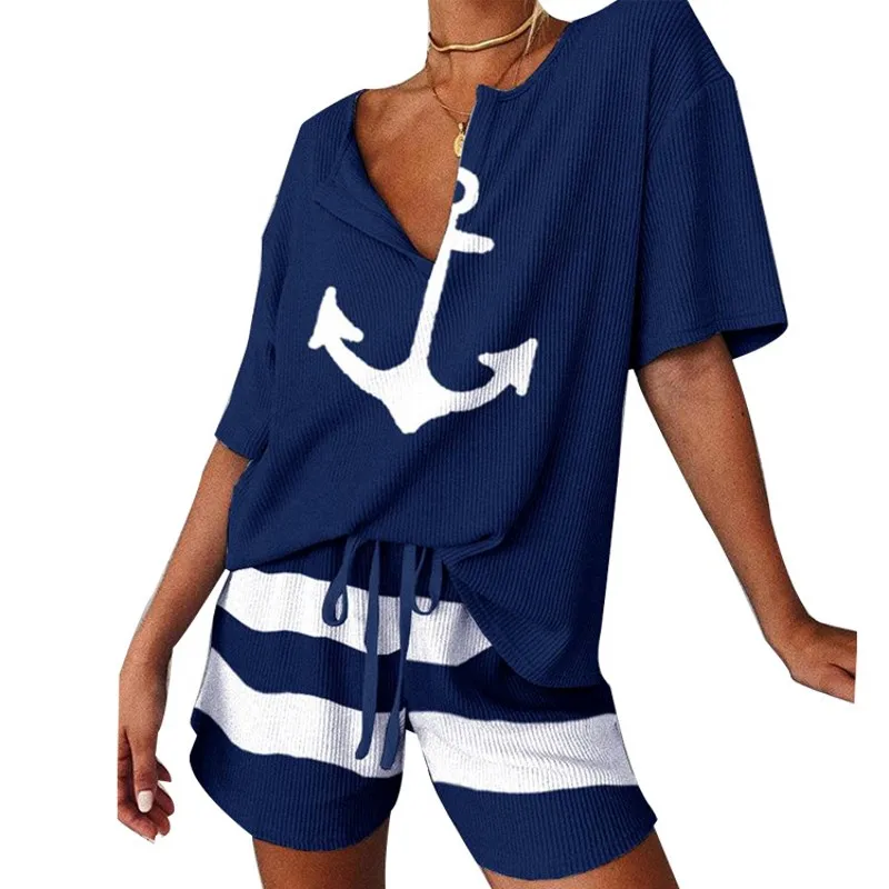 

Женский спортивный костюм из двух предметов, повседневный летний пикантный комплект из топа с коротким рукавом и шортов с принтом лодочног...