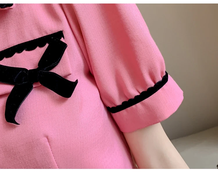 

2021 Summer Two Piece Set Women Sweet Pink Lapel Single Breasted Short Sleeve Top + High Waist Bow Pleated Mini Skirts Outfits