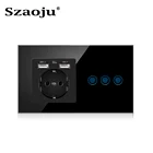 Сенсорный выключатель Szaoju с розеткой USB, панель из хрустального стекла, переменный ток 110  250 В, 16 А, 146*86 мм, настенная розетка с выключателем света, 1 комплект, 1 канал