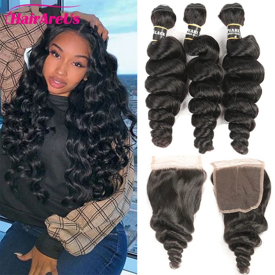 

Loose Wave Bundles With Closure Brazilian Hair Weave Bundles With 4x4 Lace Closure Remy for Women with Baby Hair Natural Color