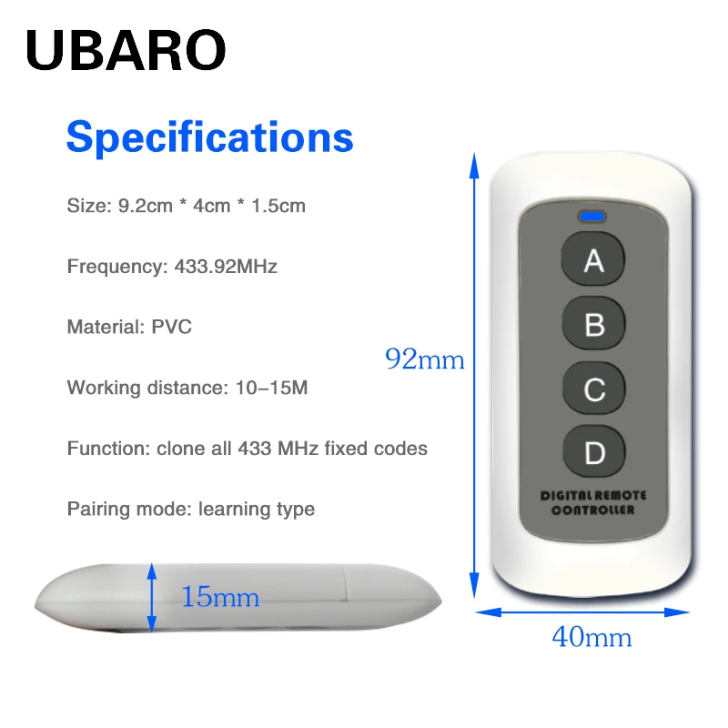 UBARO 433MHZ Remote Controller White PC Material Without Battery Type 12V 23A Four Buttons Learning Matches Code Transmitter |