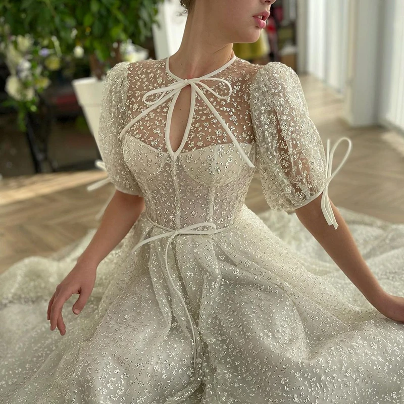 

Hot Sale Ivory Glitter Sequined Long Prom Dress Elegant A-Line O-Neck Evening Dress Sexy Party Dress with Pockets