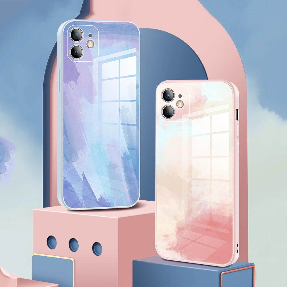 

Color Gradient Case For iPhone 11 Case Funda For iPhone 12 Pro Max Mini Fashion Luxury Liquid Tempered Glass Phone Protect Cover