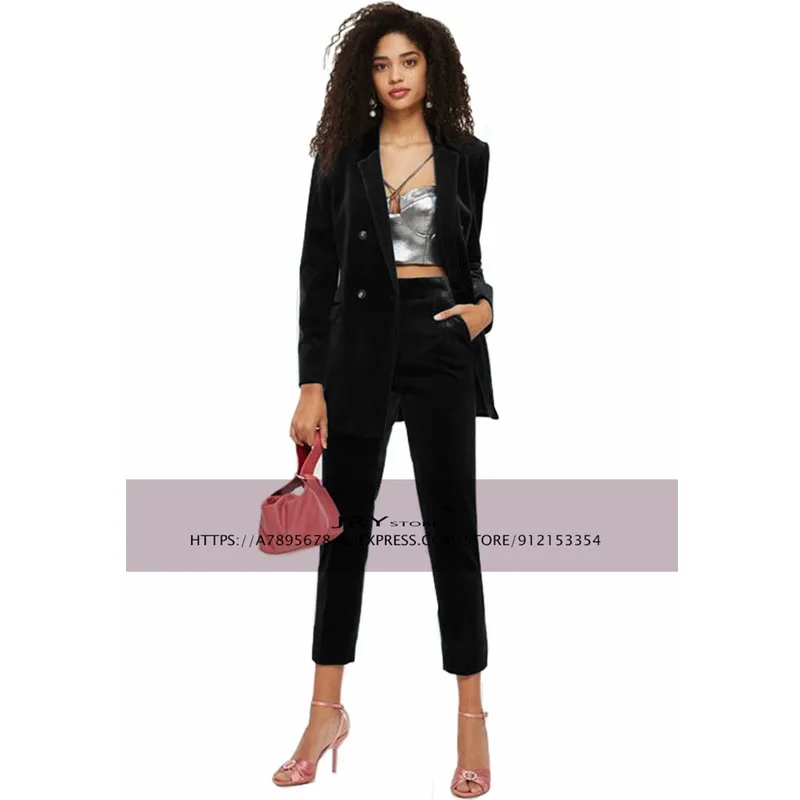 Women's Velvet Suits Two Button Tuxedo Office Lady Blazer Jacket Pants Work Wear
