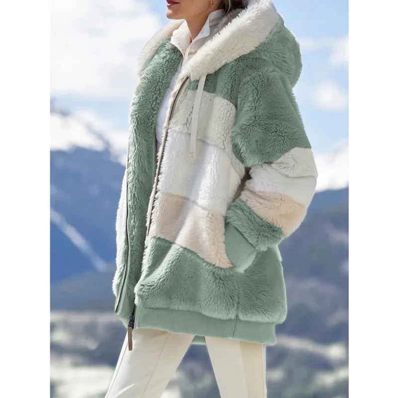 

Plush Coat Women's 2020 Winter Youth Patchwork Zipper Pocket Hooded Jacket