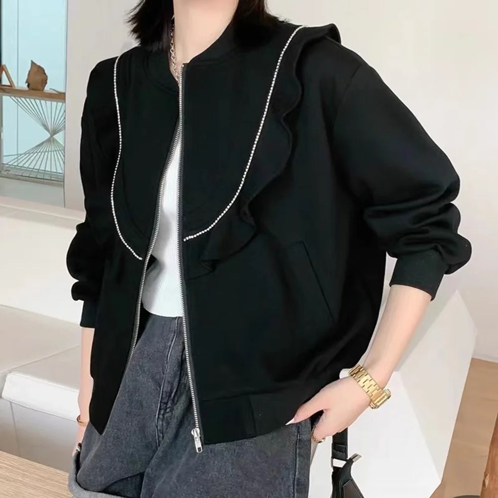 

Женская Повседневная куртка с оборками, однотонный черный кардиган на молнии с круглым вырезом и длинным рукавом, свободного покроя, осень ...