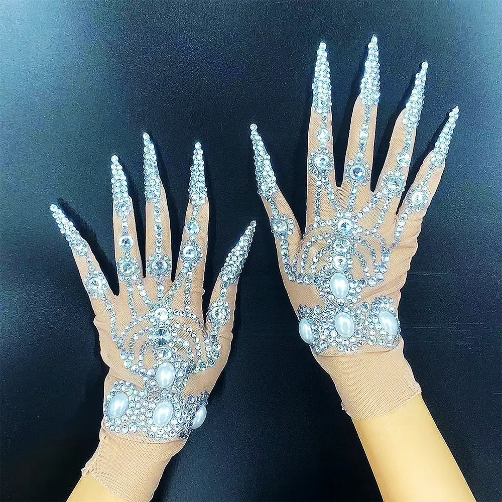 

Luxurious Glisten Pearl Diamond Short Women Gloves Sparkly Crystal Elastic Gloves Dancer Nightclub Performence Show Accessories