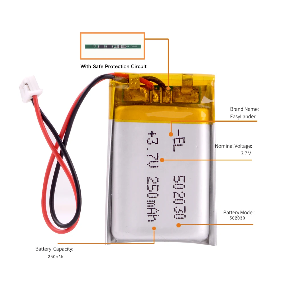 Полимерный литий-ионный аккумулятор 3 7 V 502030 JST1.25 2p 250mah для беспроводной гарнитуры