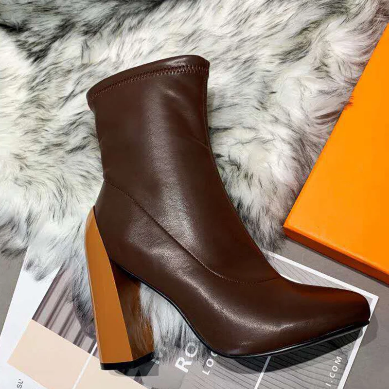 

Beige Suede Ankle Boots Women Pointed Toe Strange High Heel Boots Female Stretch Short Boots