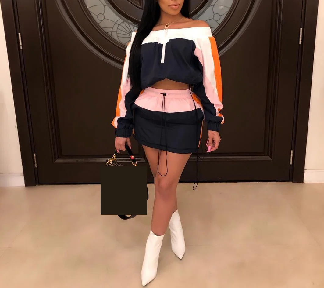 

Fashion Loose Casual Set Contrast Color Streetwear Autumn Off Shoulder Long Sleeve Hoody + Mini Dress Woman Tracksuit Outfit