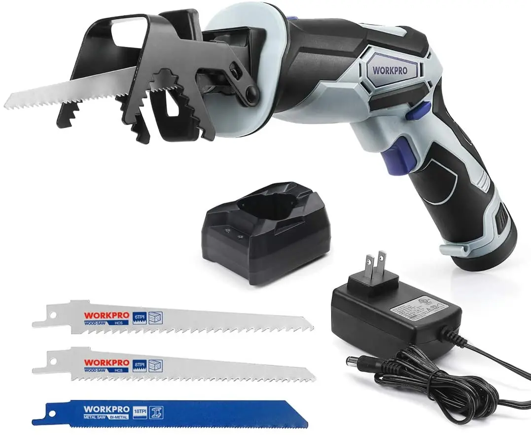 

WORKPRO 12V Cordless Reciprocating Saw with Clamping Jaw, 2.0Ah Li-Ion Battery with 1 Hour Fast Charger, Metal wall plate
