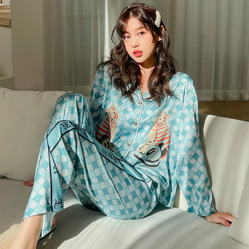 

fashion suit Satin women's pajamas spring and autumn thin long sleeve trousers household suit checkered tiger 2243