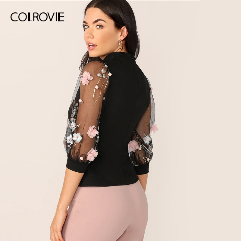 COLROVIE 3D Аппликация вышитое Сетчатое платье-фонарь с рукавом Топ для женщин три четверти рукав Элегантная блузка осень сексуальные Изящные блузки