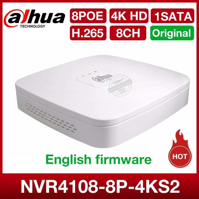 Dahua mini NVR NVR4108-8P-4kS2 8CH Onvif NVR 8MP Smart 1U 8PoE 4K& H.265 Lite сетевой видеорегистратор Full HD 1080P рекордер 1SATA