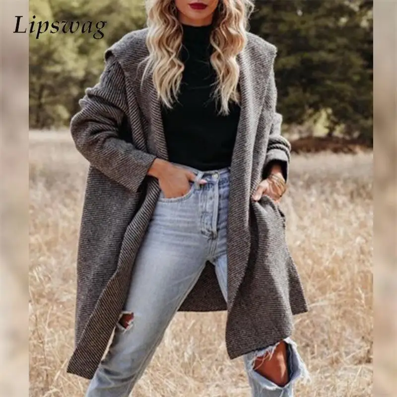 

Женский однотонный Свободный кардиган, повседневная куртка с длинным рукавом и капюшоном, уличная одежда, осень-зима 2021, длинное пальто с ка...
