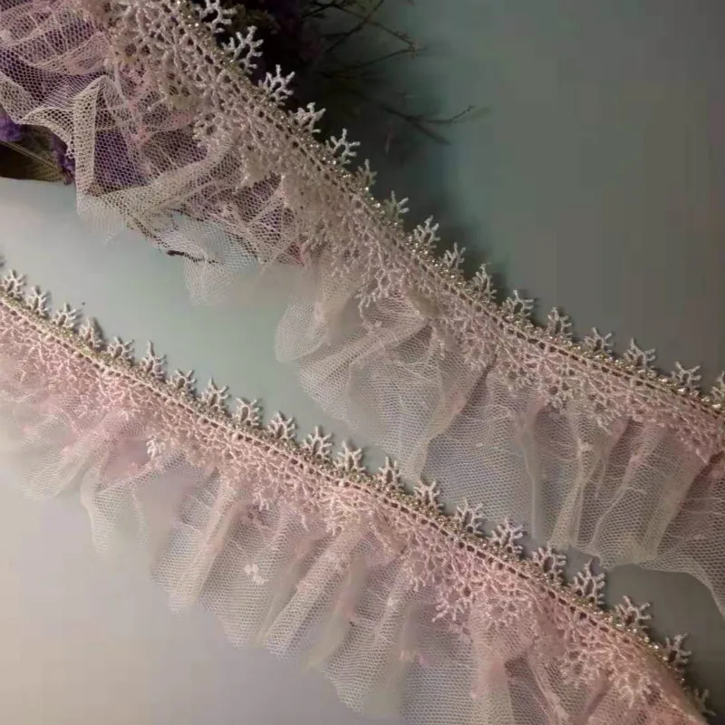 2 ярда розовая 2-слойная плиссированная органза вышитая кружевная отделка лента