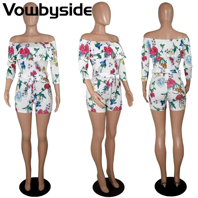 

Summer New Style Women's Rompers Fashion Casual Slim Printing Slash Neck Ruffled Off Shoulder Short Sleeved T-shirt Short