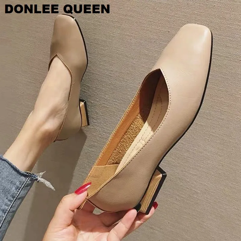 New Spring Flats Shoes Women Wooden Low Heel Ballet Square Toe Shallow Brand Shoe Slip On Loafer zapatos de mujer big size 35-41