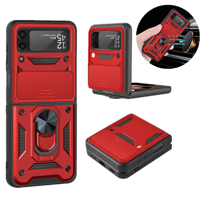 

For Samsung Galaxy Z Flip 3 Case With Holder Ring Magnetic And Camera Cover Grade Shockproof Bumper Armor Protective Phone Cover