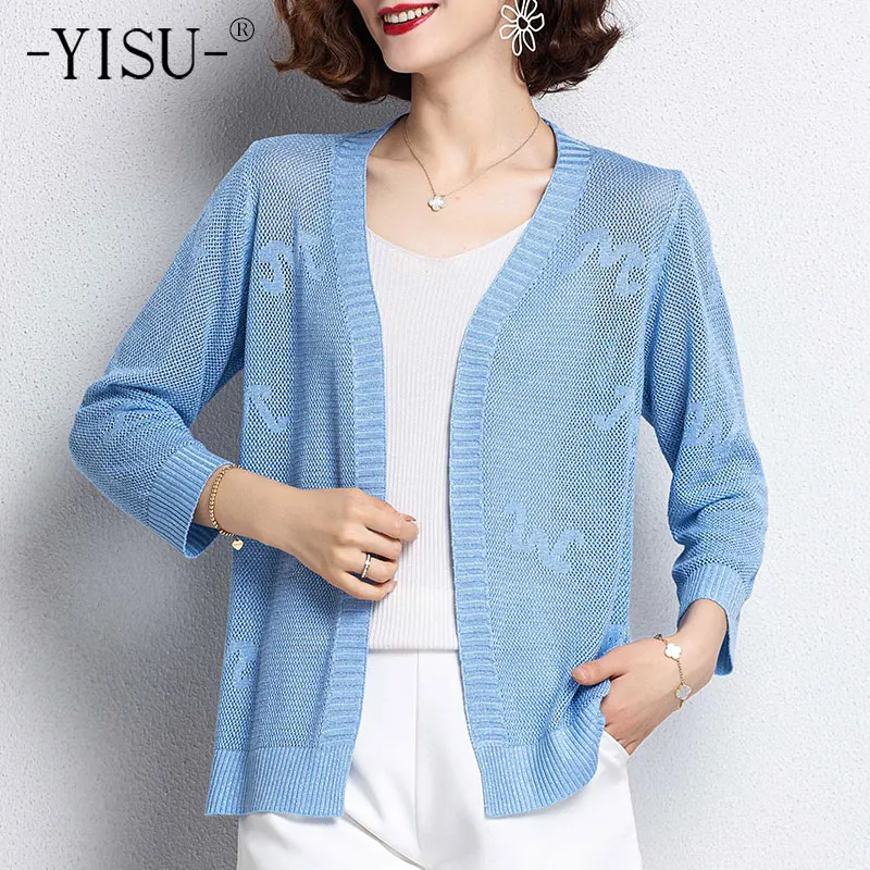 

Женский прозрачный весенний свитер YISU, однотонный простой весенний топ с V-образным вырезом, Женский Повседневный тонкий вязаный кардиган с...