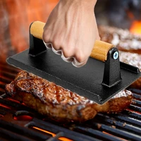 kitchen heavy cast flat iron steak weightbacon press with wooden handle heavy weight grill press commercial grade burger